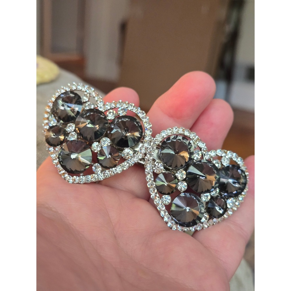 Large Hearts Barrette Black Clear Rhinestones Crystals Stamped Vintage